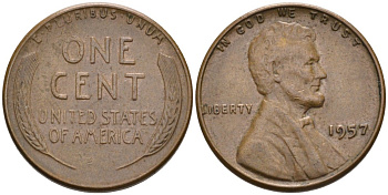 США 1 цент 1957 Линкольн KM А132 медь цинк 4564-264