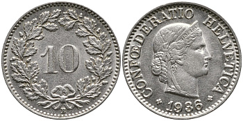 ШВЕЙЦАРИЯ 10 РАППЕНОВ 1936 В KM 27b никель 4539-435