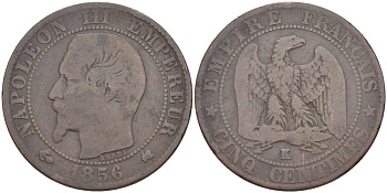 ФРАНЦИЯ 5 САНТИМОВ 1856 К, НАПОЛЕОН III (1852-1870), МОНДВОР БОРДО KM 777.5, LE FRANC бронза 219-546