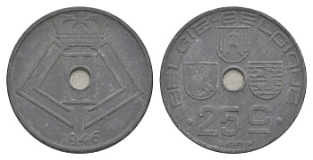 Бельгия 25 сантимов 1946 Belgie - Belgique, Леопольд III (1934-1947), германская оккупация, Вторая мировая война KM 132 цинк 4619-1016