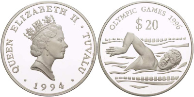 Тувалу 20 долларов 1994 Олимпийские игры 1996 года, плавание KM 24 серебро PROOF 1085-6-22