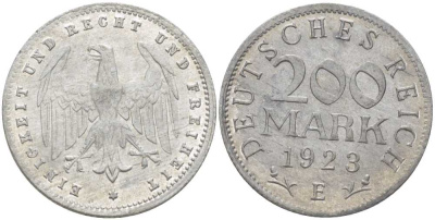 ГЕРМАНИЯ 200 МАРОК 1923 E KM 35, J. 304, Weege 22 алюминий 261-833