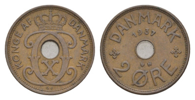 Дания 2 эре 1937 N, Кристиан X (1912-1947) KM 827 бронза 4658-244