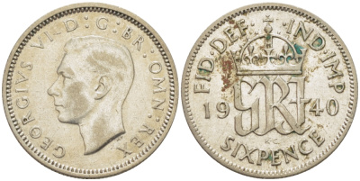 Великобритания 6 пенсов 1940 Георг VI (1936-1952) KM 852, Spink 4084 серебро 24-337