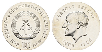 ГДР 10 марок 1973 A, 75 лет со дня рождения Бертольта Брехта KM 45 серебро  UNC  1099-2-31