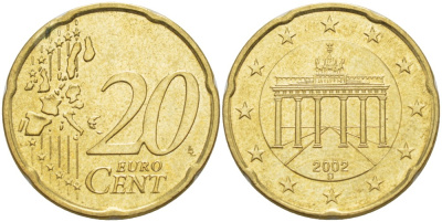 ГЕРМАНИЯ 20 ЕВРОЦЕНТОВ 2002 D KM 211 латунь 4543-517