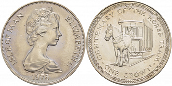 Остров Мэн 1 крона 1976 100 лет конному трамваю KM 38а серебро UNC 11-173-22