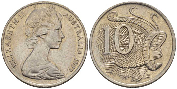 Австралия 10 центов 1977 Елизавета II (1952-), птица лирахвост KM 65 медно-никель 4382-1015