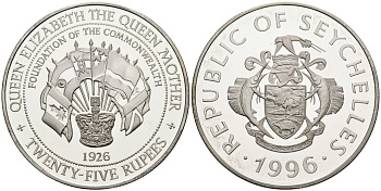 Сейшельские острова 25 рупий 1996 серия королева Елизавета-королева мать, основание Британского содружества KM 88 серебро PROOF 1078-3-61