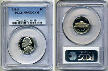 США 5 центов 1985 S, президент Джеферсон, в слабе PCGS PR69CAM KM А192 медно-никель PROOF 15-003-07