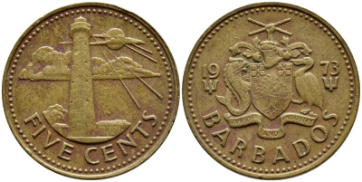 Барбадос 5 центов 1973 маяк Саут-Пойнт KM 11 латунь 4398-443