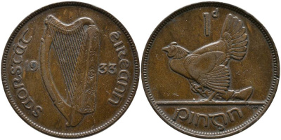 Ирландия 1 пенни 1933 курица с цыплятами KM 3 бронза 4531-625