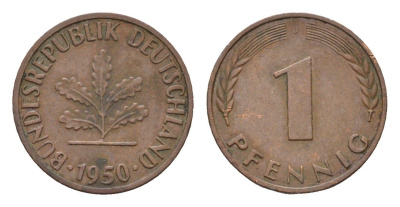 ФРГ 1 пфенниг 1950 J KM 105, J.380 сталь плакированная медью 4618-569