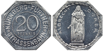 Германия, Нюрнберг - Фюрт 20 пфеннигов ND трамвайный жетон, памятник Дюреру алюминий UNC 4119-643
