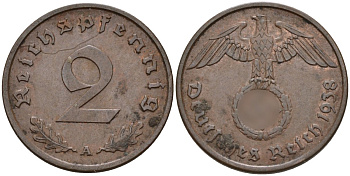 Германия 2 рейхспфеннига 1938 A KM 90, J. 362 бронза 4147-1257
