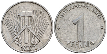 ГДР 1 пфенниг 1952 A KM 5 алюминий 201-313