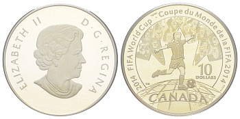 Канада 10 долларов 2014 Чемпионат мира по футболу ФИФА 2014, в оригинальной упаковке, с сертификатом KM 1533 серебро PROOF 8-2-01-61