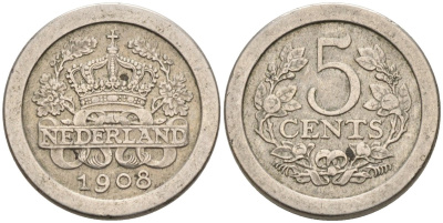 Нидерланды 5 центов 1908 Вильгельмина (1890-1948) KM 137 медно-никель 4576-766