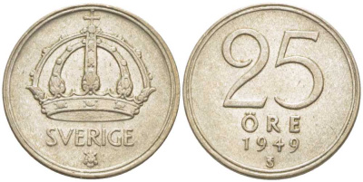 Швеция 25 эре 1949 TS, Густав V (1907-1950) KM 816 серебро 116-1139