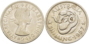 Австралия 1 шиллинг 1957 m, Елизавета II (1952-2022), овца меринос KM 59 серебро 4514-1036