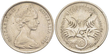 АВСТРАЛИЯ 5 ЦЕНТОВ 1966 ЕЛИЗАВЕТА II (1952-) МОЛОДОЙ ПОРТРЕТ, ЕХИДНА KM 64 медно-никель 4516-647