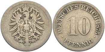 ГЕРМАНИЯ 10 ПФЕННИГОВ 1875 А, СТАРОГЕРБОВКА KM 4, J. 4 медно-никель 4401-913