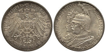 Пруссия 2 марки 1901 A, 200 лет Прусской королевской династии (Фридрих I - Вильгельм II) J.105, Weege 105, KM 525 серебро 3711-1123