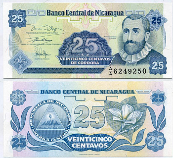 Никарагуа 25 сентаво 1991 Франсиско Эрнандес де Кордоба Pick 170 a бумага UNC (пресс) 7523-9-1-1