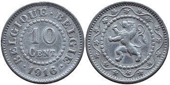 БЕЛЬГИЯ 10 САНТИМОВ 1916 НЕМЕЦКАЯ ОККУПАЦИЯ BELGIQUE BELGIE KM 81 цинк 86-1817