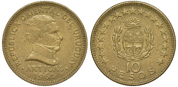 Уругвай 10 песо 1965 KM 48 алюминиевая бронза 4574-613