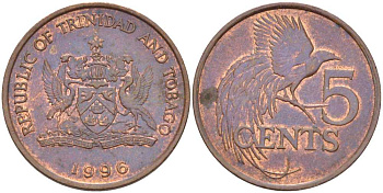 Тринидад и Тобаго 5 центов 1996 райская птица KM 30 бронза 61-1112
