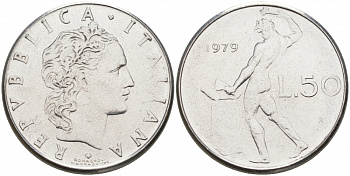 ИТАЛИЯ 50 ЛИР 1979 R, КУЗНЕЦ KM 95.1 нержавеющая сталь 68-457