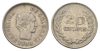 Колумбия 20 сентаво 1969 KM 237 сталь плакированная никелем 4675-624