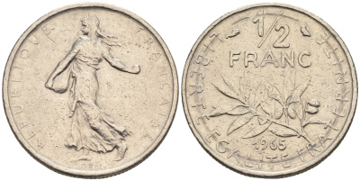 Франция 1/2 франка 1965 сеятель KM 931, Le Franc 198.3 никель    4169-142