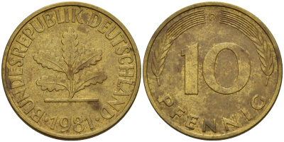 ФРГ 10 пфеннигов 1981 D J. 383, KM 108 сталь плакированная латунью    4603-455