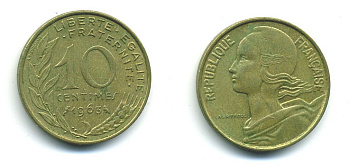 ФРАНЦИЯ 10 САНТИМОВ 1963 ТИП MARIANE KM 929, LE FRANC 144.3 алюминиевая бронза 84-1568
