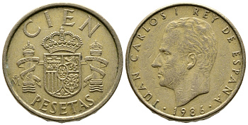 Испания 100 песет 1986 Хуан Карлос I (1975-2014) KM 826 алюминиевая бронза 85-331