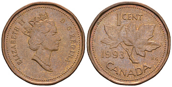 Канада 1 цент 1993 Елизавета II (1952-2022), кленовый лист KM 181 бронза 4609-242
