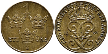 Швеция 1 эре 1937 Густав V (1907-1950) KM 777.2 бронза 4387-1217