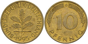 ФРГ 10 пфеннигов 1995 G J. 383, KM 108 сталь плакированная латунью    4603-717