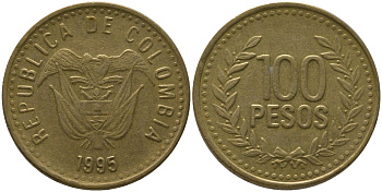 Колумбия 100 песо 1995 KM 285.2, Restrepo 445.4 латунь 4538-1254