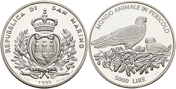 Сан-Марино 5000 лир 1996 серия сохраним наш мир, орел в гнезде KM 340 серебро PROOF 00-000-00