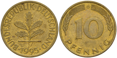 ФРГ 10 пфеннигов 1995 G J. 383, KM 108 сталь плакированная латунью    4603-717