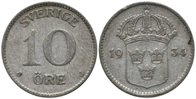 Швеция 10 эре 1934 G, Густав V (1907-1950) КМ 780 серебро 201-1112
