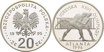 Польша 20 злотых 1995 MW, XXVI летние Олимпийские игры 1996 года в Атланте , борьба KM 304 серебро PROOF 1080-10-11