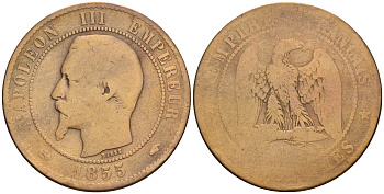 Франция 10 сантимов 1855 A, Наполеон III (1852-1870) KM 771.1, Le Franc 133,19 бронза 221-443