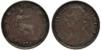 Великобритания 1 фартинг 1875 Виктория (1837-1901) KM 753, Spink 3958 бронза 4114-731