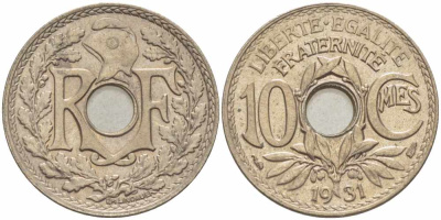 ФРАНЦИЯ 10 САНТИМОВ 1931 ТИП ЛИНДАЙЁ KM 866а, LE FRANC 138.18 медно-никель 108-214