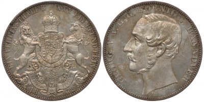 Брауншвейг-Каленберг-Ганновер 1 талер 1862 В, Георг V (1851-1866) КМ 230, AKS 144, Dav. 682, Kahnt 239, Thun 174 серебро 00-809-33