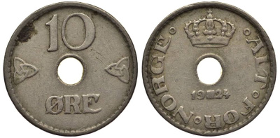 Норвегия 10 эре 1924 Хокон VII (1905-1957) KM 383 медно-никель 218-224